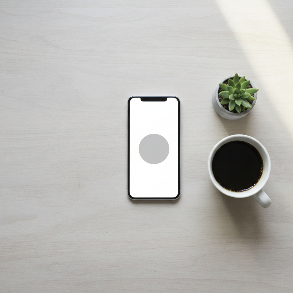 A minimal desk with a phone showing a simple app - calm, quiet, purposeful