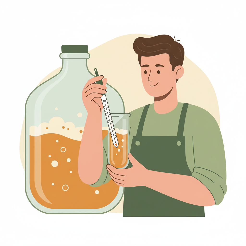 A homebrewer taking a hydrometer reading from a sample tube