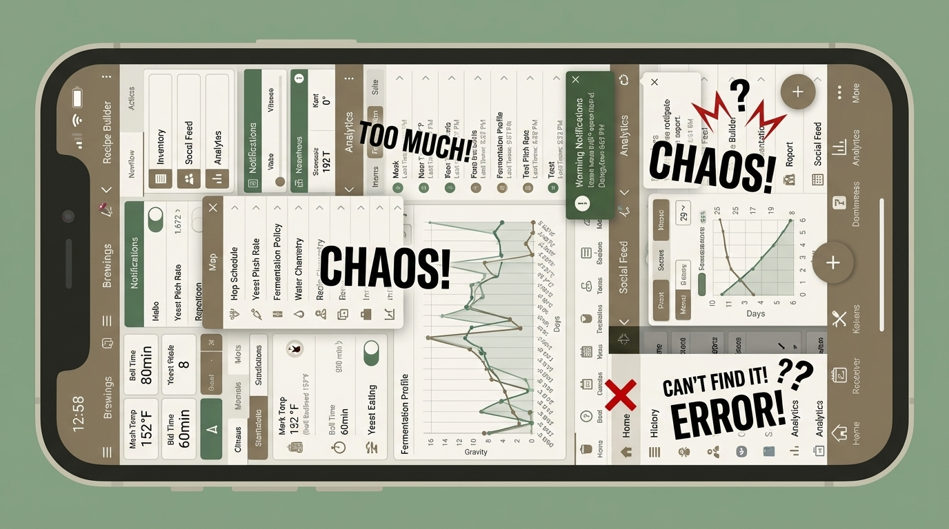 An app screen overwhelmed with buttons, popups, and settings