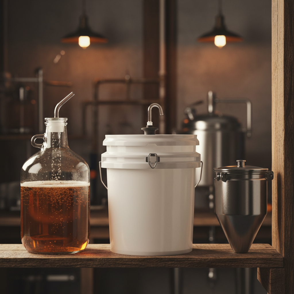 Different fermentation vessels - a glass carboy, a plastic bucket fermenter, and a stainless steel conical