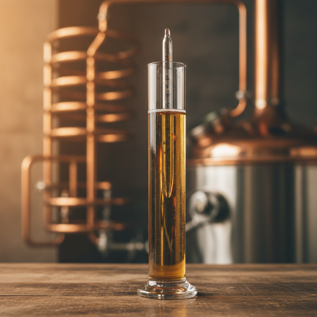 A hydrometer floating in a sample tube of golden wort