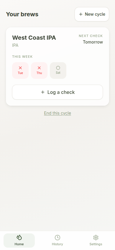 Your brew dashboard with check-in tracker